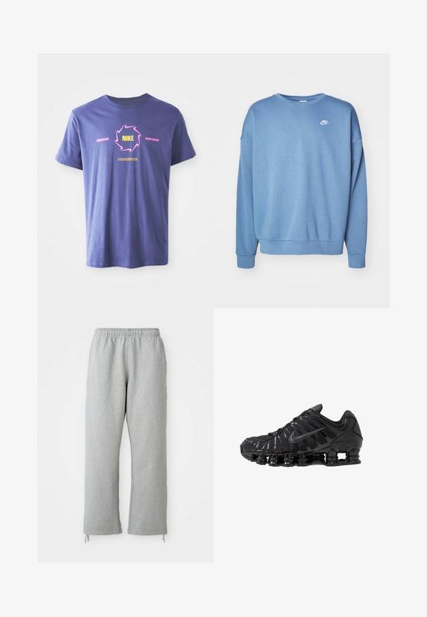 Blå sweatshirt lavet af blødt stof med rund hals, lange ærmer, ribbede manchetter og et lille hvidt Nike-logo på brystet.; Lilla bomulds T-shirt med korte ærmer, der har et dristigt grafisk design. Inkluderer "Nike" i gult inden i en lyserød virvel og tekst accenter.; Grå sweatpants med elastisk talje, lige ben og snoretræk ved kanten. Fremstillet af blødt, struktureret stof.; Sorte atletikskoser lavet af mesh og syntetiske materialer, med et karakteristisk bølget design, sort gummisål og reflekterende detaljer.