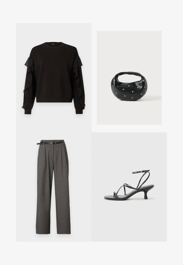 Zwarte trui met plooibare transparante stofaccenten op de mouwen, een ronde halslijn en een losse pasvorm met geribbelde boorden en zoom.; Grijze pantalon met hoge taille, plooien en zijzakken, gestyled met een dunne zwarte riem met een ronde gouden gesp.; Zwarte hoge hakken sandalen met dunne banden, open teen ontwerp en een kleine, uitlopende hak. Het materiaal lijkt glad en glanzend.; Zwarte leren handtas met een afgeronde vorm, versierd met zilveren studs, en een korte handgreep. Gladde textuur en ritsluiting.