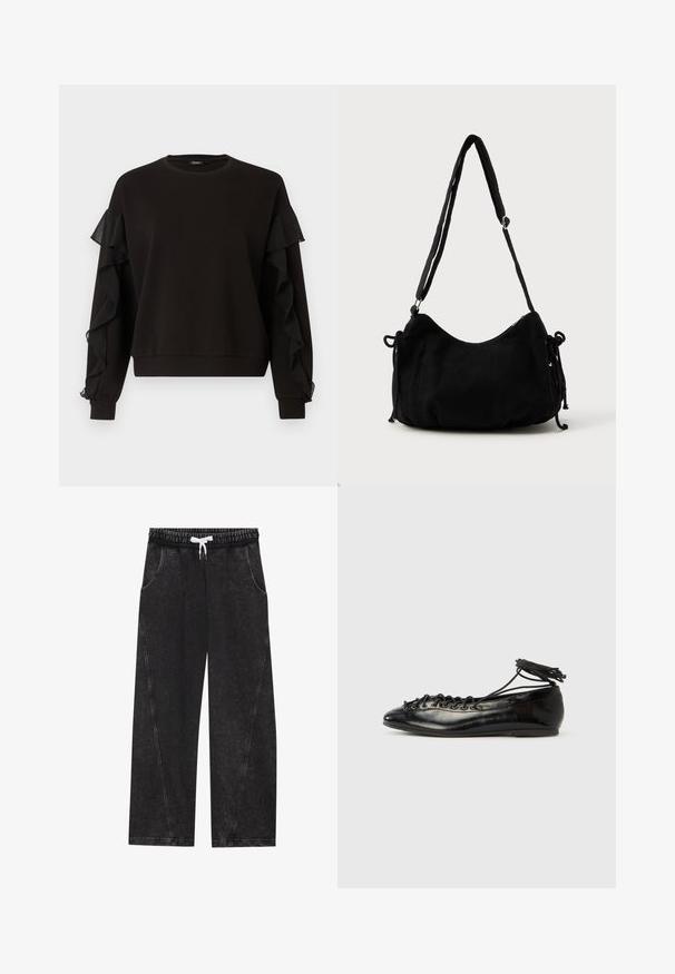 Sudadera negra con detalles de tela transparente con volantes en las mangas, cuello redondo y un corte holgado con puños y dobladillo acanalados.; Pantalones anchos y negros hechos de una tela texturizada. Presentan una cinturilla elástica con un cordón blanco y bolsillos frontales con costuras diagonales.; Zapatos planos tipo ballet de charol negro con punta redondeada, diseño con cordones y suela plana. Textura lisa con detalles mínimos.; Bolso de hombro de pana negra con forma curva, correa ajustable y cierres de cordón en ambos lados para ajustar el tamaño.