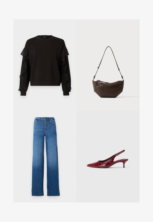 Zwarte trui met plooibare transparante stofaccenten op de mouwen, een ronde halslijn en een losse pasvorm met geribbelde boorden en zoom.; Brede blauwe denim jeans met een hoge taille en vijf knopen. Kenmerkt zich door klassieke stiksels en een nette zoom.; Bordeaux lederen slingback pump met krokodillenstructuur, puntige neus, verstelbare gesp en lage kittenhak op een witte achtergrond.; Bruine leren schoudertas met een gebogen onderkant en een verstelbare riem tegen een effen lichte achtergrond.
