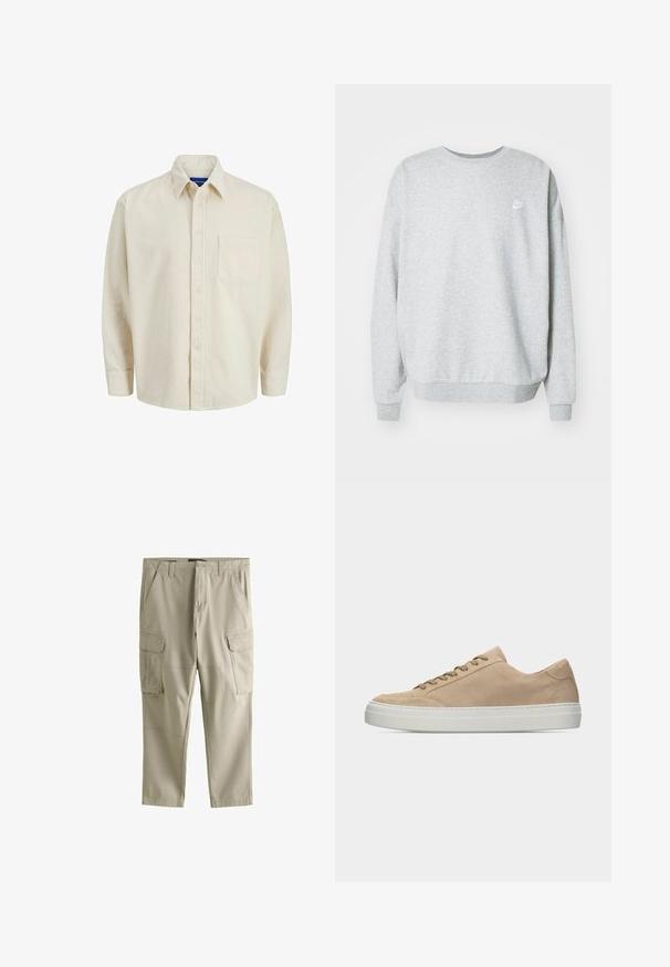 Grå sweatshirt lavet af blandingsstof i bomuld, med rund halsudskæring, sænkede skuldre og et lille hvidt logo på brystet.; Beige corduroy skjorte med knaplukning foran, krave, lange ærmer og en enkelt brystlomme. Har smalle lodrette striber.; Beige cargo bukser lavet af slidstærkt stof, med flere sidelommer, knaplukning og stikninger for ekstra tekstur.; Beige ruskind lavt sneakers med beige snørebånd og en tyk hvid gummisål, vist fra siden på en ensfarvet hvid baggrund.