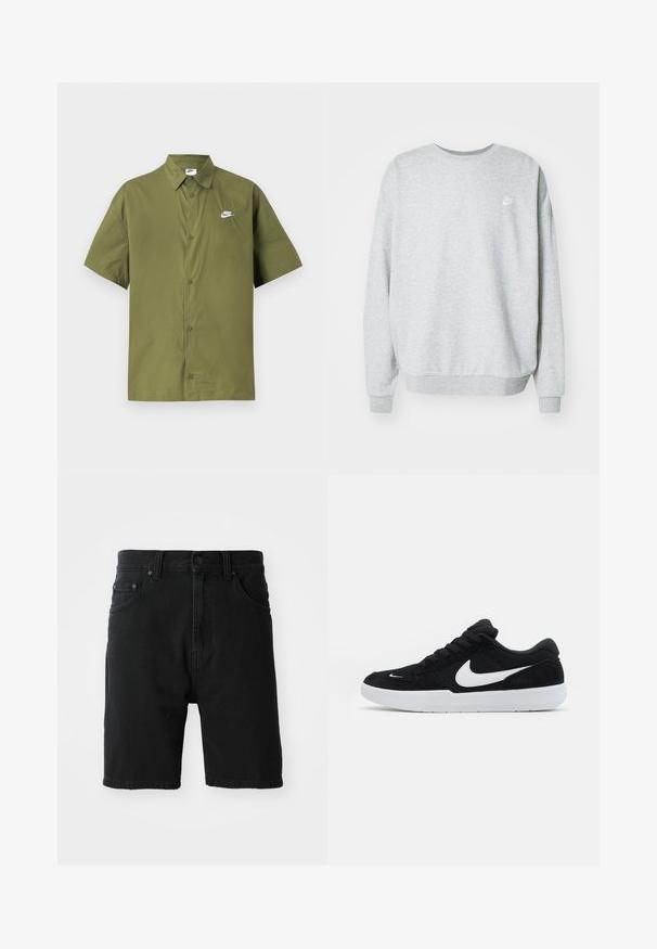 Sudadera gris hecha de una mezcla de algodón, con un cuello redondo, hombros caídos y un pequeño logo blanco en el pecho.; Camisa de manga corta de color verde oliva, hecha de tejido ligero, con botones al frente y un pequeño logotipo blanco de Nike en el lado izquierdo del pecho.; Pantalones cortos de mezclilla negra con corte recto, diseño de cinco bolsillos, cierre frontal con botón y dobladillo enrollado. Textura suave sin patrones visibles.; Zapatillas de ante negras con acentos blancos, con una puntera redondeada, suela blanca gruesa y cordones negros. Logotipo de Nike en blanco prominente en el costado.