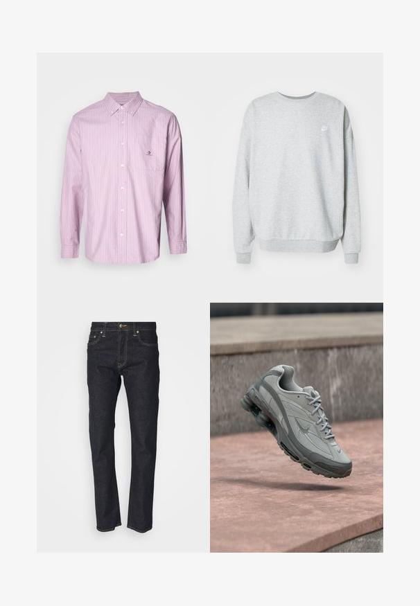 Sudadera gris hecha de una mezcla de algodón, con un cuello redondo, hombros caídos y un pequeño logo blanco en el pecho.; Camisa de botones de manga larga en rosa claro con rayas verticales blancas, tela de algodón, cuello, bolsillo frontal y detalle de logo en el bolsillo.; Jeans de mezclilla azul oscuro con un corte recto, que cuentan con un cierre de botón, cinco bolsillos y un acabado con costuras doradas. Textura suave.; Zapatilla Nike gris y blanca suspendida sobre un escalón de piedra con amortiguación de aire visible y suela texturizada.