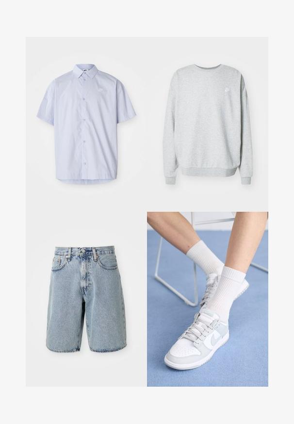 Grijze sweatshirt van een katoenmix, met een ronde hals, verlaagde schouders en een klein wit logo op de borst.; Lichtblauw overhemd met korte mouwen, gemaakt van gladde stof, met een knoopsluiting en een klein wit Nike-logo op de borst.; Lichtblauwe denim shorts met een hoge taille, rechte pasvorm, rafelige zoom, vijf zakken en knoopsluiting. Versleten textuur zichtbaar.; Witte sneakers met lichtblauwe accenten, leren bovenkant, geperforeerde neus, dikke veters en ribbelsokken in het wit tegen een blauwe achtergrond.