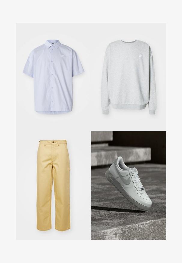 Grijze sweatshirt van een katoenmix, met een ronde hals, verlaagde schouders en een klein wit logo op de borst.; Lichtblauw overhemd met korte mouwen, gemaakt van gladde stof, met een knoopsluiting en een klein wit Nike-logo op de borst.; Beige, wijde broek van katoen met een sluiting aan de voorkant, riemlussen en zijzakken. Soepele textuur met zichtbare stikdetails.; Witte Nike Air Force 1 sneaker zwevend boven een geribbelde betonnen ondergrond met stenen traptreden op de achtergrond.
