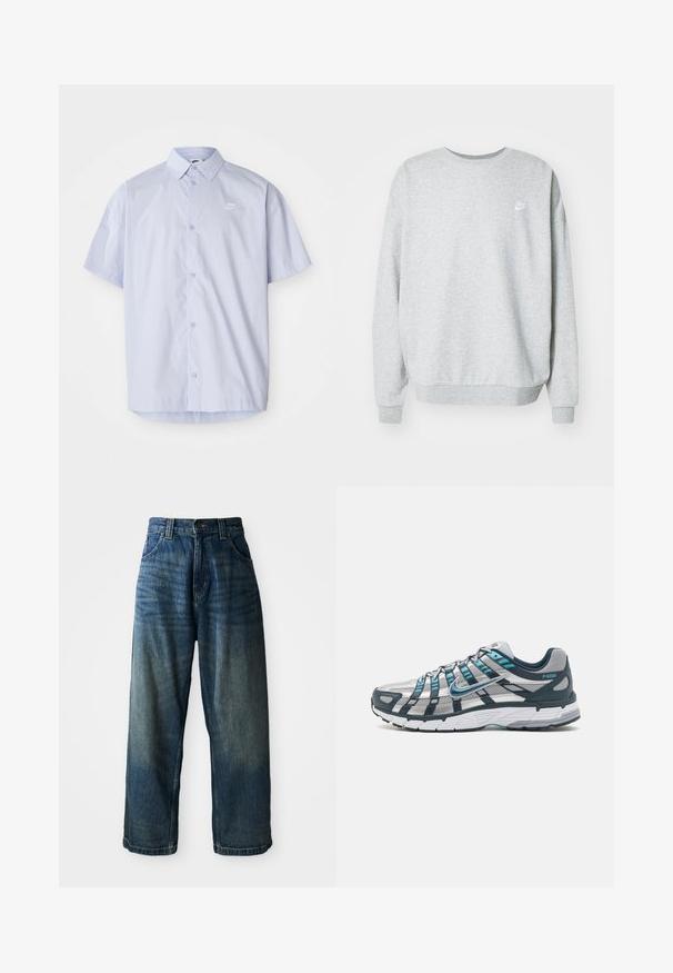 Grijze sweatshirt van een katoenmix, met een ronde hals, verlaagde schouders en een klein wit logo op de borst.; Lichtblauw overhemd met korte mouwen, gemaakt van gladde stof, met een knoopsluiting en een klein wit Nike-logo op de borst.; Wijdvallende blauwe denim jeans met een vervaagde afwerking. Bevat vijf zakken, een knoopsluiting en contrasterende stiksels. Zwaar gewicht stof.; Nike Sportswear P 6000 - Sneakers laag - armory navy/metallic silver/flat silver/white/armory navy