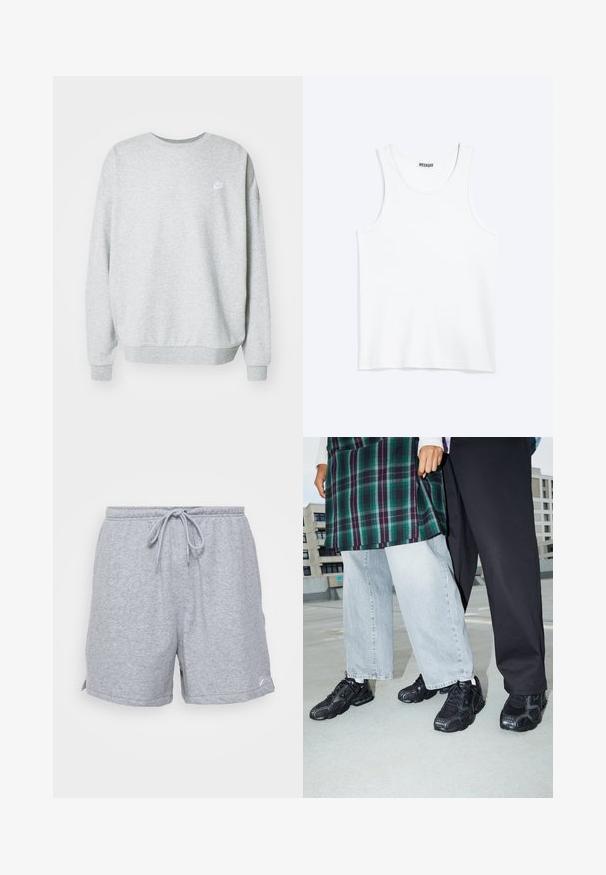 Sudadera gris hecha de una mezcla de algodón, con un cuello redondo, hombros caídos y un pequeño logo blanco en el pecho.; Camiseta sin mangas blanca con cuello redondo y etiqueta de la marca Weekday en el interior del cuello trasero, mostrada plana sobre un fondo claro.; Pantalones cortos deportivos de algodón gris con cintura ajustable con cordón, bolsillos laterales y un pequeño logotipo en el dobladillo inferior.; Zapatillas deportivas negras con acentos de malla y goma. Combinadas con jeans de pierna ancha de color gris claro y una blusa de cuadros verdes. Fondo de superficie plana.