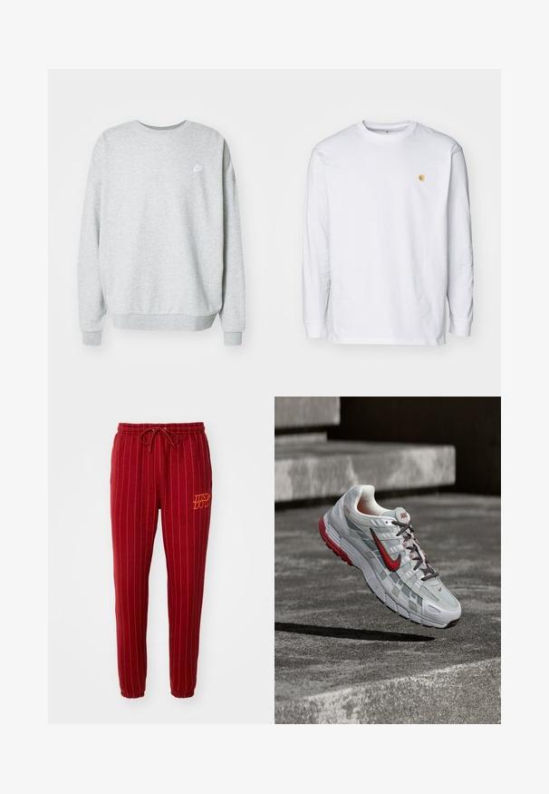 Grå sweatshirt lavet af blandingsstof i bomuld, med rund halsudskæring, sænkede skuldre og et lille hvidt logo på brystet.; Hvid langærmet t-shirt lavet af bomuld. Har et lille gyldent logo på brystet og en rund halsudskæring. Enkel design og standard pasform.; Røde stribede sweatpants med elastisk talje og snøre. Har "JUST DO IT" broderet i orange. Blødt stof med tapered ben design.; Hvid og grå Nike løbesko med røde accenter og sorte snørebånd, ophængt over grå beton-trin.