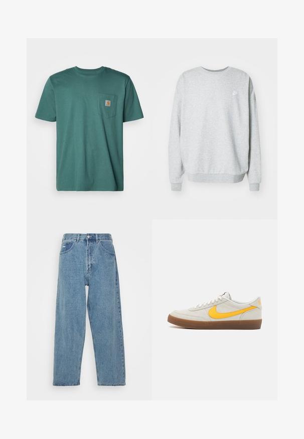 Sudadera gris hecha de una mezcla de algodón, con un cuello redondo, hombros caídos y un pequeño logo blanco en el pecho.; Camiseta de algodón turquesa con manga corta, cuello redondo y un bolsillo en el pecho izquierdo que presenta un parche de logo cuadrado.; Jeans de denim azul claro con cintura alta, corte relajado, que cuentan con dos bolsillos frontales, un bolsillo trasero con parche y cierre de botón.; Zapatilla Nike en ante gris claro con un swoosh amarillo, cordones blancos y una suela de goma marrón. Presenta un acabado texturizado y un cuello acolchado.