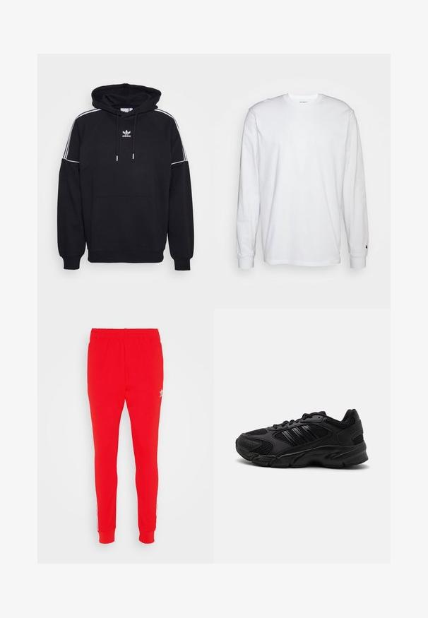 Sort hoodie med kangooplomme, hvidt logo og detaljer, tre hvide striber langs ærmerne og hætte med snor. Fremstillet af bomuldsblanding.; Hvid langærmet T-shirt lavet af bomuld. Rund halsudskæring med ribbede manchetter og et lille logo på venstre ærme. Glat tekstur.; Røde joggingbukser lavet af blødt stof, med slim fit, elastisk talje og hvide sideløse striber med logo detaljer nær hoften.; Sorte træningssko med en kombination af åndbart mesh og syntetiske materialer. Distinct tekstureret sål og tre sorte striber på siden.
