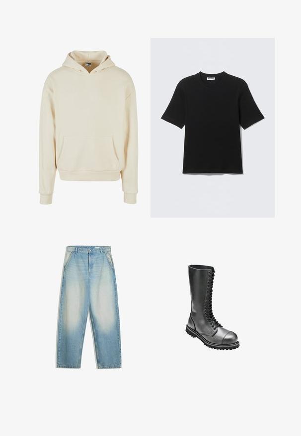 Cremfarbener Kapuzenpullover mit einer Bauchtasche, gerippten Bündchen und Saum. Aus weichem Stoff mit glatter Textur. Lässige, entspannte Passform.; Schwarzes T-Shirt mit kurzen Ärmeln und Rundhalsausschnitt, mit einem "WEEKDAY"-Etikett innen am Kragen, flach auf einem hellen Hintergrund liegend dargestellt.; Hellblaue, ausgewaschene Jeans mit lockerem Sitz, Seitentaschen, Gürtelschlaufen und einem Knopfverschluss an der Taille.; Schwarze Leder-Schnürkampfstiefel mit hohem Schaft, runder Zehenpartie, gepolstertem Kragen und strukturiertem Gummisohle für besseren Halt.