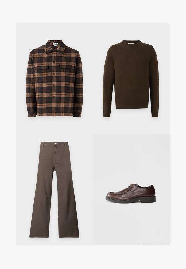 Pull en tricot marron avec un col rond, des manches longues et des bords côtelés. Texture douce, finition lisse et coupe décontractée.; Chemise en flanelle à carreaux marron et noir avec un devant à boutons, deux poches poitrine et un col. Texture douce et coupe décontractée.; Pantalons larges marron à taille haute, fermeture à bouton, passants de ceinture et détails de couture visibles sur les jambes.; Chaussure habillée en cuir marron avec un bout arrondi, des accents de couture minimum, et une semelle noire robuste. Présente un système de laçage et une texture lisse.