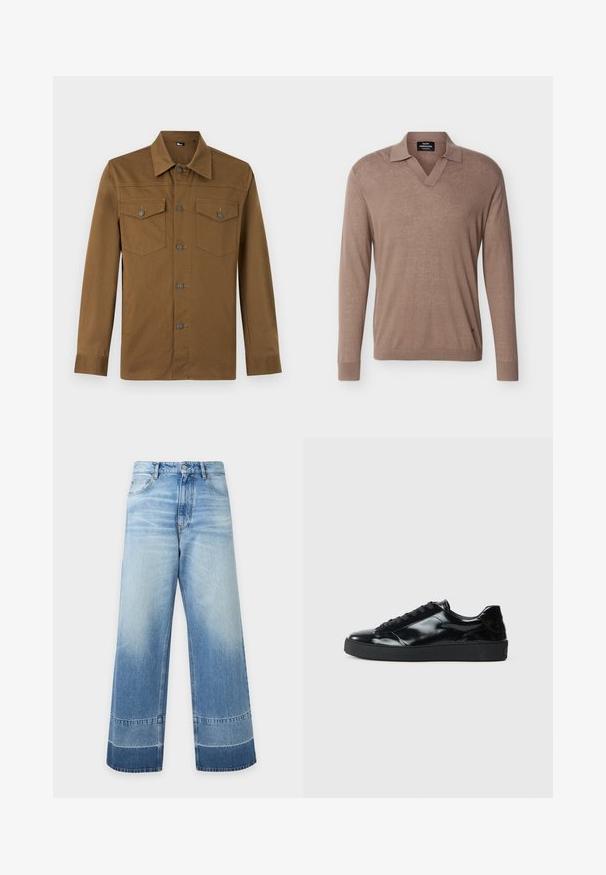 Pull en maille marron à manches longues avec col et encolure en V, fabriqué en tissu léger, avec poignets et ourlet côtelés.; Chemise marron à manches longues avec col pointu et deux poches poitrine boutonnées, présentée sur fond clair uni.; Jean en denim bleu clair à coupe large avec des détails délavés et des blocs de couleur plus foncés près de l'ourlet, bouton devant et poches visibles.; Baskets en cuir verni noir avec un bout arrondi, un laçage, une semelle en caoutchouc texturé et une finition lisse.