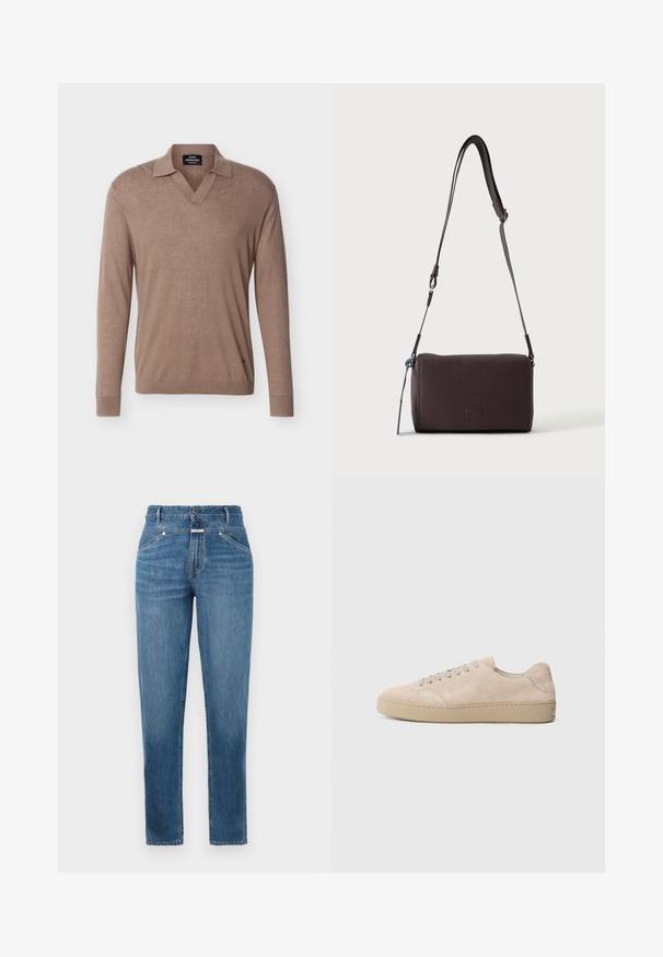Brun langærmet strikket trøje med krave og V-udskæring, lavet af let stof, med ribstrikkede manchetter og kant.; Blå, højtaljede straight-leg jeans med frontlommer, bæltestropper, knaplukning og subtile falmningdetaljer.; Beige ruskinds sneaker med en rund tå, flade snørebånd og en tekstureret gummisål. Minimalistisk design med glatte kanter og diskret syning.; Mørkebrun textured læder crossbody taske med justerbar rem og lille dekorativ blå accent på siden.