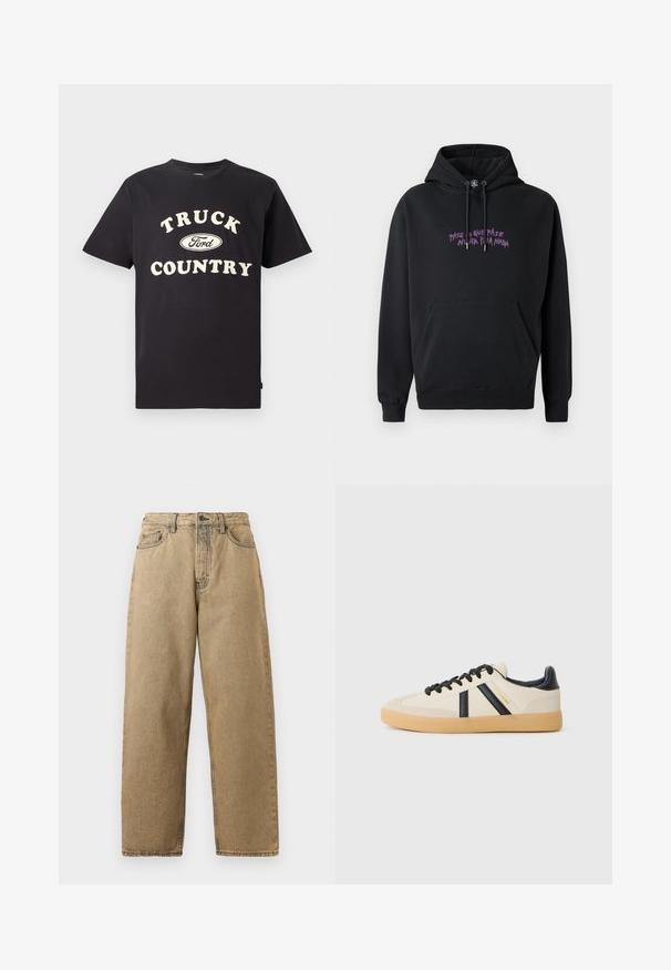 Sudadera negra de tejido suave, con un bolsillo frontal, cordones y un diseño de texto en púrpura en el pecho que dice "PASE LO QUE PASE NUNCA PASE NADA."; Camiseta de algodón negro de mangas cortas con el texto "TRUCK COUNTRY" en color crema y un diseño del logo de Ford en el centro.; Jeans de mezclilla color beige con un diseño de pierna recta, que cuentan con cierre de cremallera, trabillas para el cinturón y costuras en contraste. Sin patrones destacados ni detalles de herrajes.; Zapatillas casuales en crema con rayas negras, con parte superior texturizada y suela de goma. Los cordones son negros. Logo sutil en el costado.