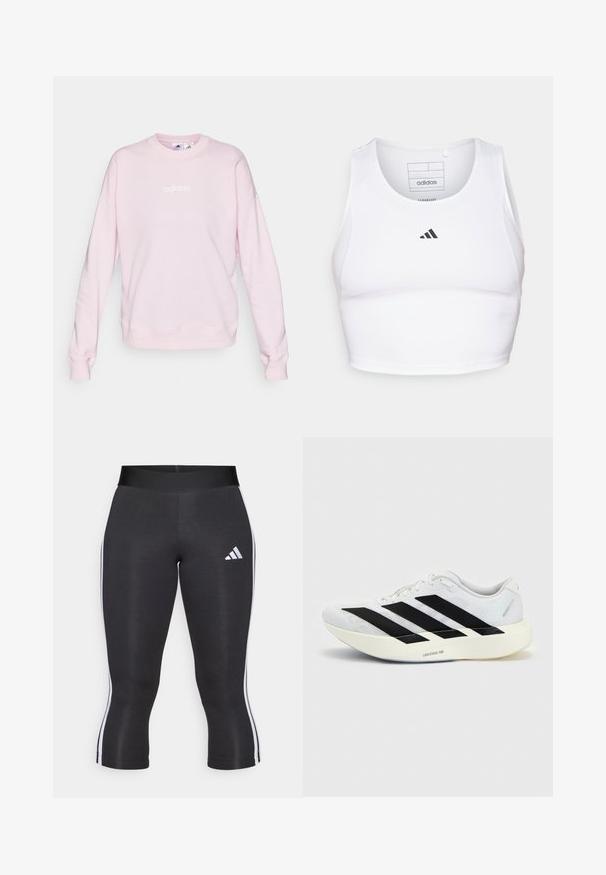 Lyserød sweatshirt lavet af blødt stof, med rund halsudskæring, lange ærmer og et hvidt Adidas-logo på forsiden.; Hvid atletisk crop top lavet af letvægts, åndbart stof. Har mesh-sider og sort broderet logo på brystet.; Sorte capri leggings med en bred talje, udstyret med hvide sideløsninger og et hvidt Adidas-logo på venstre lår. Glat tekstur.; Hvid løbesko med sort tre-stribet design på siden og tyk hvid sål mærket "Lightstrike Pro" på ensfarvet baggrund.