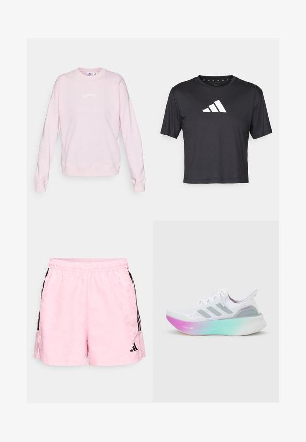Svetloružový sveter vyrobený z mäkkej látky, s okrúhlym výstrihom, dlhými rukávmi a bielym logom Adidas na prednej strane.; Čierne skrátené tričko z hladkej tkaniny, s bielym logom Adidas na hrudi, okrúhlym výstrihom a krátkymi rukávmi.; adidas Sportswear TIRO - Športové šortky - true pink/black; Biela bežecká topánka Adidas so svetlomodrou a ružovou gradientnou podrážkou, tromi sivými bočnými pásikmi a pleteným zvrškom so šnúrkami.