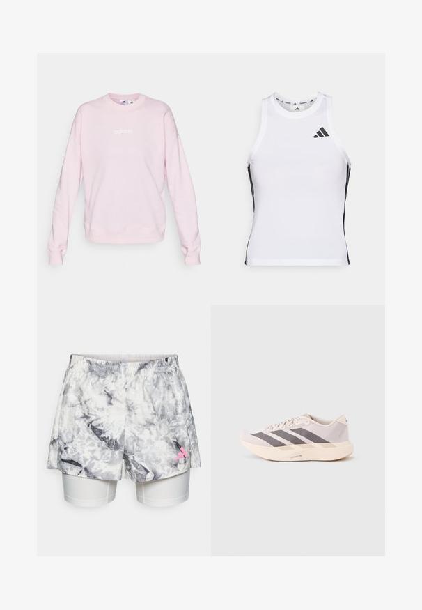 Sweatshirt rose clair en tissu doux, avec un col rond, des manches longues et un logo Adidas blanc sur le devant.; Débardeur de sport blanc avec des accents latéraux noirs et un logo. Il présente une encolure arrondie et un design ajusté, fabriqué en matériau léger et respirant.; Shorts avec un motif abstrait gris et blanc, dotés d'une taille élastique, d'une doublure intérieure et d'un accent de logo rose sur le côté.; Baskets de sport légères en rose pâle et gris, avec une tige en mesh, trois bandes sombres et une semelle épaisse crème portant l'inscription "LIGHTSTRIKE PRO".