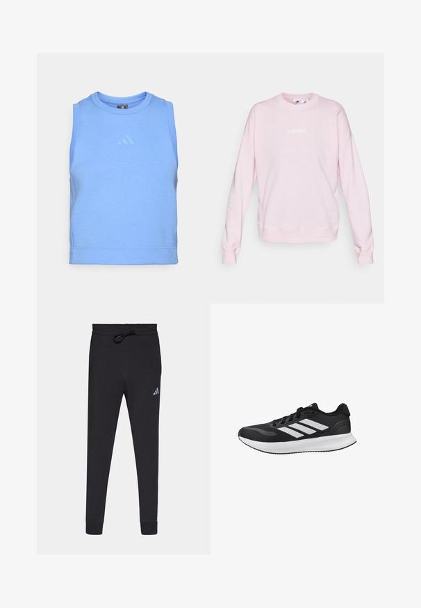 Lichtroze sweatshirt van zacht materiaal, met een ronde halslijn, lange mouwen en een wit Adidas-logo aan de voorkant.; Blauw mouwloos sporttop gemaakt van zachte, rekbare stof. Heeft een ronde halslijn en een tonale logo aan de voorkant.; Zwarte sportbroek van zacht materiaal, met een tailleband met trekkoord, taps toelopende benen en een klein wit Adidas-logo op de linkerdij.; Zwarte hardloopschoen met witte zool en drie witte strepen aan de zijkant, zijaanzicht tegen een witte achtergrond.
