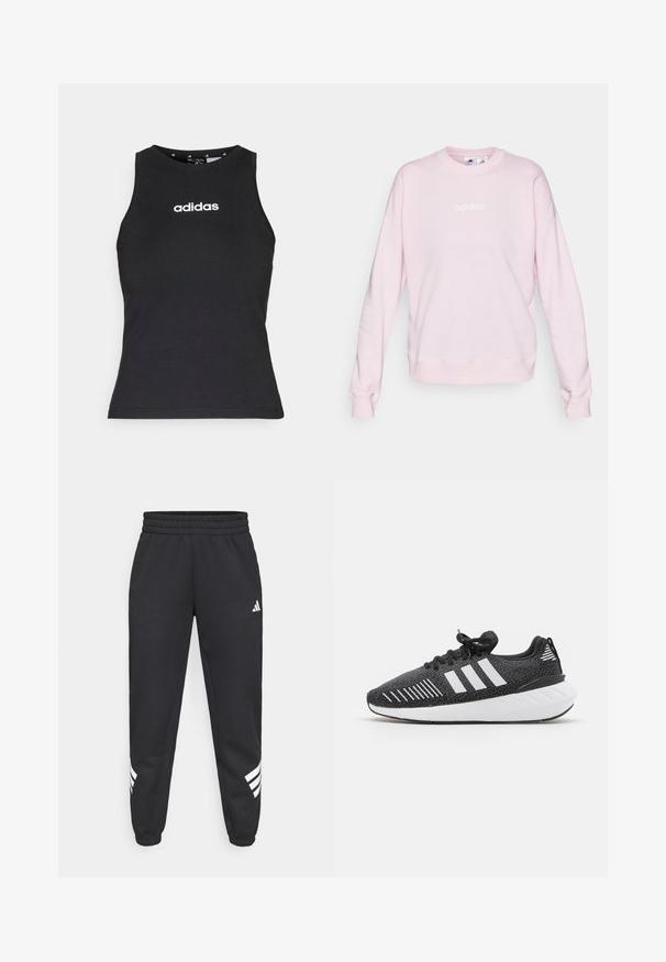Sweatshirt rose clair en tissu doux, avec un col rond, des manches longues et un logo Adidas blanc sur le devant.; Haut sans manches noir en coton, avec un col rond et le logo "adidas" blanc centré sur la poitrine. Texture lisse, coupe normale.; Pantalon de survêtement noir avec une taille élastique, des jambes fuselées et un design à trois bandes blanches sur les côtés. Fabriqué dans un tissu doux.; Chaussures de sport noires avec un dessus texturé, design à trois bandes blanches, semelle en caoutchouc et accents blancs contrastants sur le talon.