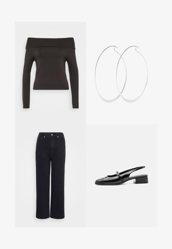 Sort off-the-shoulder sweater med lange ærmer. Lavet af strækbart stof, med ribbet halsudskæring og en tætsiddende pasform.; Sorte denim vidde bukser med høj talje, der har dekorative nitte detaljer overalt og en glat tekstur.; Sort laklæderslingback-sko med lav blokhæl og tynd rem med sølvspænde over toppen.; Sølv hoops øreringe med et tyndt, glat design; langstrakt oval form; poleret finish; har en sikker krog lukning.