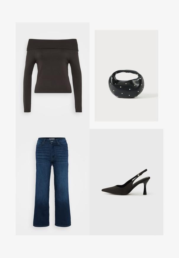 Sort off-the-shoulder sweater med lange ærmer. Lavet af strækbart stof, med ribbet halsudskæring og en tætsiddende pasform.; ONLY Petite ONLMADISON BLUSH WIDE - Wide leg - dark blue denim; Sorte slingback hæle med spids tå, glat mat finish og en slank, blank hæl. Justerbar rem med lille spænde detaljer.; Sort læderhåndtaske med en rundet form, dekoreret med sølvnitter, og et kort håndtag. Glat tekstur og lynlåslukning.