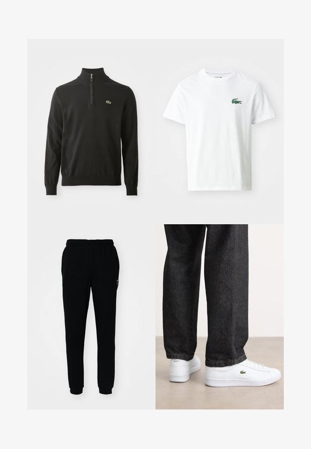 Zwart pullover trui met een hoge kraag, voorzien van een halve rits en geribde manchetten. Inclusief een klein groen logo op de borst. Zachte textuur.; Lacoste T-shirt print - white/green; Zwarte trainingsbroek met een elastische tailleband en boorden. Gemaakt van zachte stof, met een klein logo aan de linkerbovenkant.; Witte leren sneakers met een laag profiel en een groen logo, gecombineerd met donkere spijkerbroek met gele stiksels.
