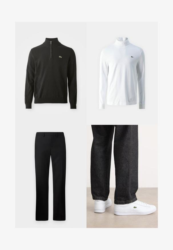 Zwart pullover trui met een hoge kraag, voorzien van een halve rits en geribde manchetten. Inclusief een klein groen logo op de borst. Zachte textuur.; Witte lange mouw turtleneck shirt van zachte stof, met een klein groen geborduurd logo op de borst en aansluitende manchetten.; Zwarte op maat gemaakte broek met een rechte pijpdesign, gemaakt van gladde stof. Kenmerken zijn onder andere een platte voorkant en een middelhoge tailleband.; Witte leren sneakers met een laag profiel en een groen logo, gecombineerd met donkere spijkerbroek met gele stiksels.