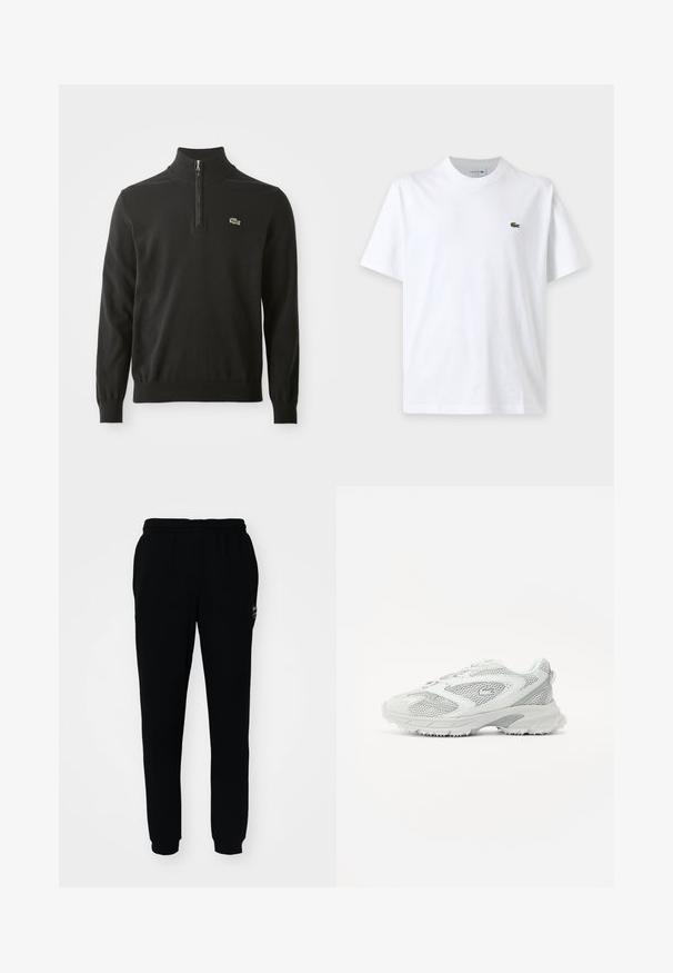 Pull en maille noir à col montant, avec une demi-glissière et des poignets côtelés. Comprend un petit logo vert sur la poitrine. Texture douce.; T-shirt blanc uni à manches courtes avec col rond et petit logo crocodile vert sur la poitrine gauche.; Pantalons de survêtement noirs avec une taille élastique et des poignets élastiques. Fabriqués en tissu doux, comportant un petit logo sur le coin supérieur gauche.; Baskets blanches avec des détails en maille, une semelle texturée et des accents lisses. Possède un bout arrondi et un col rembourré pour le confort.