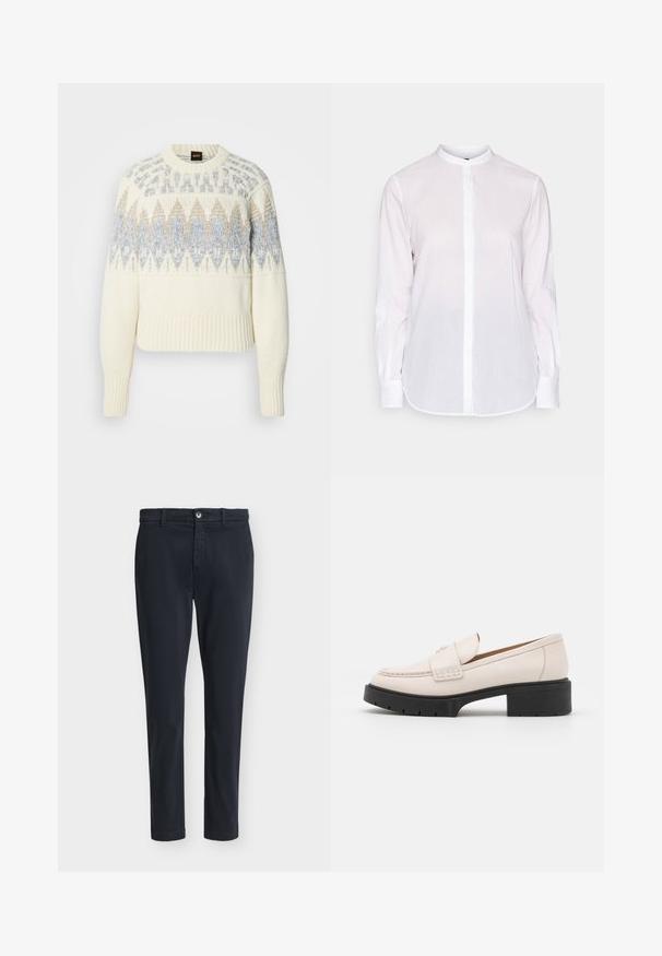 Pull en maille crème avec poignets et ourlet côtelés, présentant des motifs géométriques bleus et beiges sur la poitrine et le haut des manches.; Chemise blanche à manches longues avec col mandarin, fermeture à boutons sur le devant et ourlet légèrement arrondi. Fabriquée en tissu léger et texturé.; Pantalon décontracté slim fit pour homme en bleu marine foncé avec fermeture à boutons et passants pour ceinture, présenté sur un fond gris clair uni.; Mocassins en cuir beige clair avec un devant cousu et un talon platform texturé noir. Présente un design incurvé et une légère élévation.