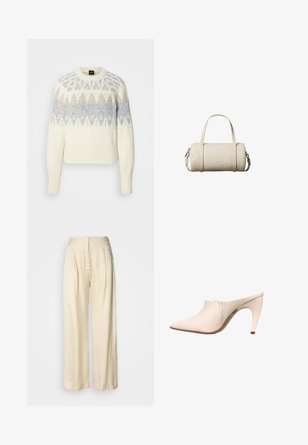 Pull en maille crème avec poignets et ourlet côtelés, présentant des motifs géométriques bleus et beiges sur la poitrine et le haut des manches.; Pantalon en soie crème taille haute avec plis, jambes larges et fermeture éclair avant dissimulée sur un fond blanc uni.; Mule beige à bout pointu, talon incurvé de hauteur moyenne et détails de couture minimaux près de l’ouverture sur fond blanc.; Petit sac à main cylindrique beige en cuir avec deux poignées, une bandoulière amovible et le logo Calvin Klein à l'avant.