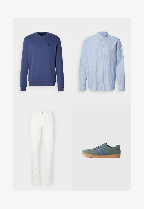 Navyblauwe sweatshirt van een zachte katoenmix; heeft een ronde halslijn, geribde manchetten en een klein logo-opdruk op de borst.; Lichtblauw overhemd met witte strepen, met een klassieke kraag en lange mouwen. Gemaakt van geweven stof met een gladde textuur.; Strakke witte jeans met knoop- en ritssluiting aan de voorkant, vijf zakken en riemlussen, getoond tegen een effen lichte achtergrond.; Lichtgroene suède sneaker met blauwe accenten, platte veters en een beige rubberen zool. Rond neus en laag profiel ontwerp.
