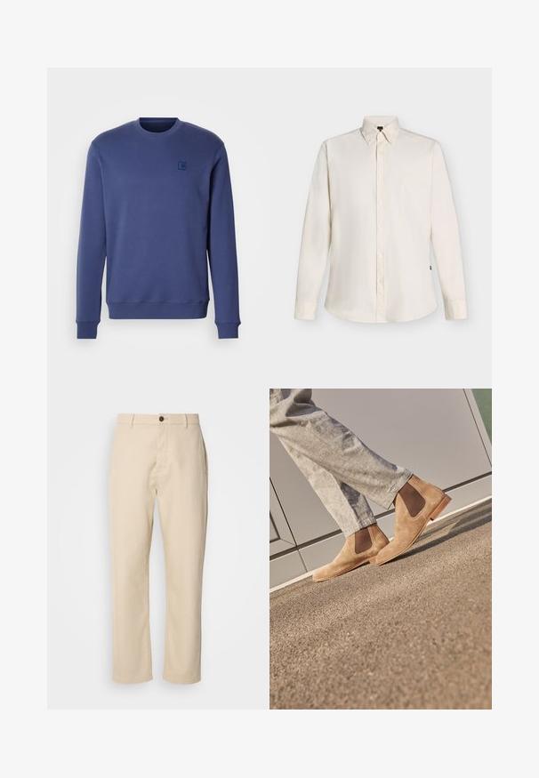 Mørkeblå sweater lavet af blød bomuldsblanding; har en rund halsudskæring, ribbede manchetter og et lille logo på brystet.; Beige skjorte med lange ærmer, knapper foran, spids krave og standard manchetter, vist på en ensfarvet lys baggrund.; Beige bomuldsbukser med lige ben, en frontknaplukning, sidelommer og en glat tekstur. Minimalistisk design, ingen synlige mønstre.; Brune ruskind Chelsea støvler med elastiske sidepaneler og en glat tan gummisål, parret med lyse grå bukser på en tekstureret overflade.