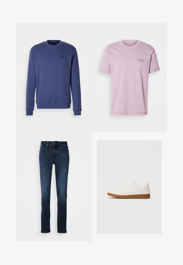 Mørkeblå sweater lavet af blød bomuldsblanding; har en rund halsudskæring, ribbede manchetter og et lille logo på brystet.; Lyse lilla bomulds T-shirt med rund hals og korte ærmer. Har en lille rektangulær logo-patch på brystet. Glat tekstur.; Mørkeblå denim jeans med lige ben-design, fem-lomme stil, frontknaplukning og subtilt slid på lårene.; Hvide sneakers med en ruskind tåspids, glat syntetisk overdel og tan gummisål. Har perforeringer på siderne for åndbarhed.