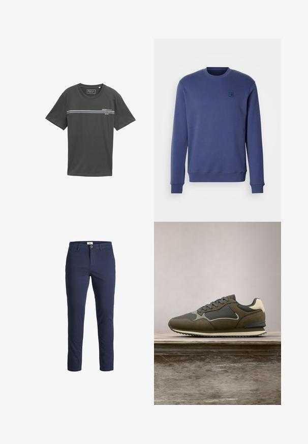 Navyblauwe sweatshirt van een zachte katoenmix; heeft een ronde halslijn, geribde manchetten en een klein logo-opdruk op de borst.; Grijze katoenen T-shirt met korte mouwen, ronde hals, featuring horizontale strepen in blauw, wit en groen over de borst, met opdruk van het logo.; Marineblauwe katoenen broek met een slim fit, voorzien van een knoopsluiting, riemlussen en twee ontwerpkwestie. Soepele textuur, minimale details.; Grijze en olijfgroene sneaker met een gemêleerde bovenkant, gladde accenten, contrasterende veters en een geribbelde zool.