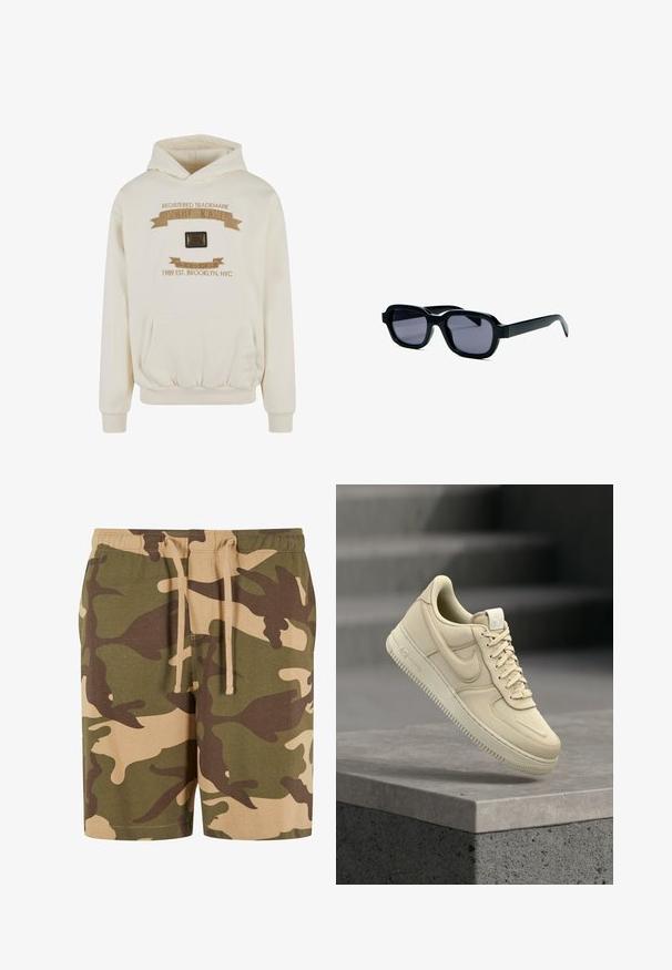 Cremefarbener Hoodie mit einer frontalen Kängurutasche, gerippten Bündchen, dekorativer goldener Stickerei und einem rechteckigen schwarzen Logopatch auf der Brust.; Camo-Shorts aus Baumwollmischung mit grünem, braunem und beigem Muster. Verfügt über einen elastischen Taillenbund mit Kordelzug. Lässiger Schnitt und knielange Form.; Beiger Nike Air Force 1 Sneaker schwebt über einer grauen Betonplatte mit unscharfem Treppenhintergrund.; Schwarze rechteckige Sonnenbrille mit dicken Rahmen und dunkel getönten Gläsern auf einer weißen Oberfläche aus einem Winkel betrachtet.