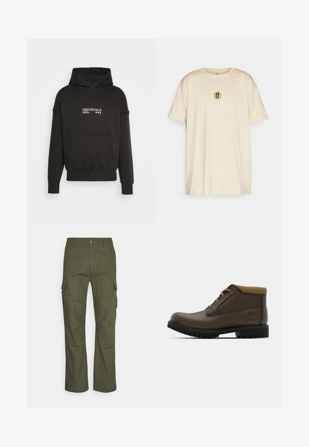 Zwarte hoodie met een voorzak, capuchon met trekkoord en witte tekst "ORIGINALS CREATIVE DEPARTMENT." Voorzien van ribbels aan de manchetten en onderkant.; Forgotten Faces T-shirt print - sand; Cargo-broek in donkergroen olijf, met meerdere zijzakken, een rechte pasvorm en een duurzame stof met een gestructureerde afwerking.; Bruine leren enkellaarzen met een gestructureerde afwerking, tan kleurige stoffen boord, zwarte rubberen zool en bruine veters. Timberland-logo ingedrukt op de zijkant.