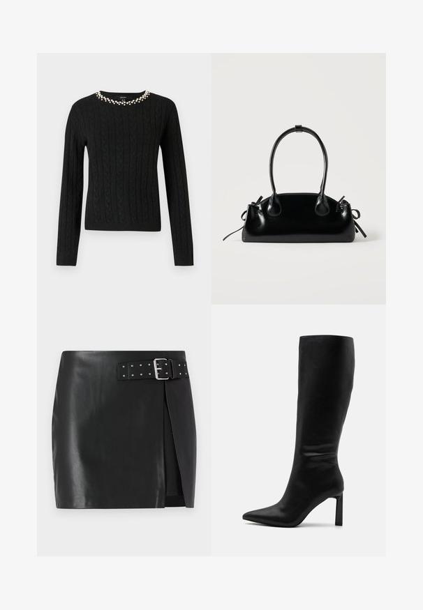 Pull en maille noir à manches longues et col rond orné d'une rangée de perles fantaisie le long du col.; Mini-jupe en simili cuir noir avec une ceinture réglable comportant une boucle en argent et des clous décoratifs, design à enroulement avant et texture lisse.; Even&Odd by Zalando Bottes - black; Petit sac à main noir brillant avec deux longues anses et des détails à cordon sur les côtés sur un fond clair uni.