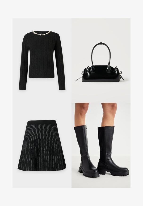 Pull en maille noir à manches longues et col rond orné d'une rangée de perles fantaisie le long du col.; Jupe noire en mailles texturées avec des rayures argentées en zigzag, conçue avec une silhouette évasée et une taille noire solide.; Cuissardes noires en simili cuir lisse avec une semelle épaisse, fermeture éclair sur le côté et bout arrondi.; Petit sac à main noir brillant avec deux longues anses et des détails à cordon sur les côtés sur un fond clair uni.