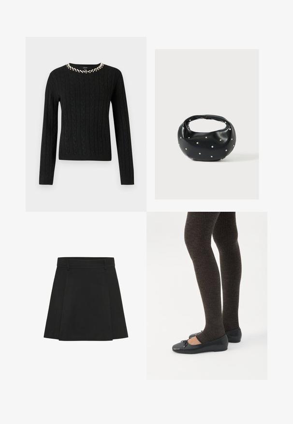 Sort kabelstrikket sweater med lange ærmer og rund halsudskæring prydet med en række falske perler langs kraven.; Sort plisseret nederdel med en struktureret talje. Lavet af et tekstureret stof, den har tydelige folder og en lige kant.; Ben iført mørke ribbede leggings kombineret med sorte balletsko med små sløjfedetaljer på hvid baggrund.; Sort læderhåndtaske med en rundet form, dekoreret med sølvnitter, og et kort håndtag. Glat tekstur og lynlåslukning.