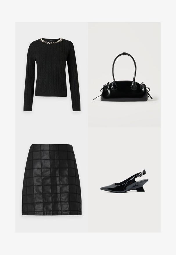 Sort kabelstrikket sweater med lange ærmer og rund halsudskæring prydet med en række falske perler langs kraven.; Sort læder mini-sundskørt med et struktureret gittermønster, der har forhøjede sømme og en slank silhuet. Den glatte overflade fremhæver designet.; Sort laklæder slingback sko med spids tå og lav vinklet blokhæl på ensartet lys baggrund.; Lille sort blank håndtaske med to lange håndtag og snøre-detaljer i siden på en ensfarvet lys baggrund.