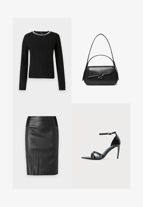 Pull en maille noir à manches longues et col rond orné d'une rangée de perles fantaisie le long du col.; Jupe crayon en cuir noir avec une coupe ajustée, texture lisse et accents de ceinture élastique de chaque côté. Ourlet plat en bas.; Sandale à talon haut en cuir verni noir avec fine bride à la cheville, bout ouvert et design minimaliste sur fond clair uni.; Sac à bandoulière en cuir noir avec un rabat incurvé fermé par un fermoir métallique rond et une sangle fine et ajustable.