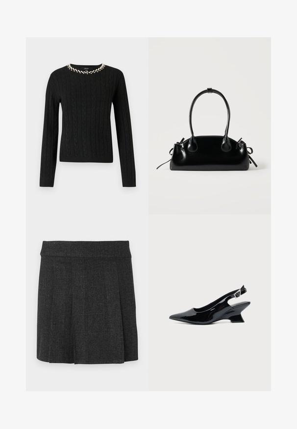 Pull en maille noir à manches longues et col rond orné d'une rangée de perles fantaisie le long du col.; Jupe noire plissée en tissu texturé. Ceinture mi-haute avec des lignes épurées. Coupe classique adaptée à diverses occasions.; Chaussure slingback en cuir verni noir avec bout pointu et petit talon bloc incliné sur fond clair uni.; Petit sac à main noir brillant avec deux longues anses et des détails à cordon sur les côtés sur un fond clair uni.