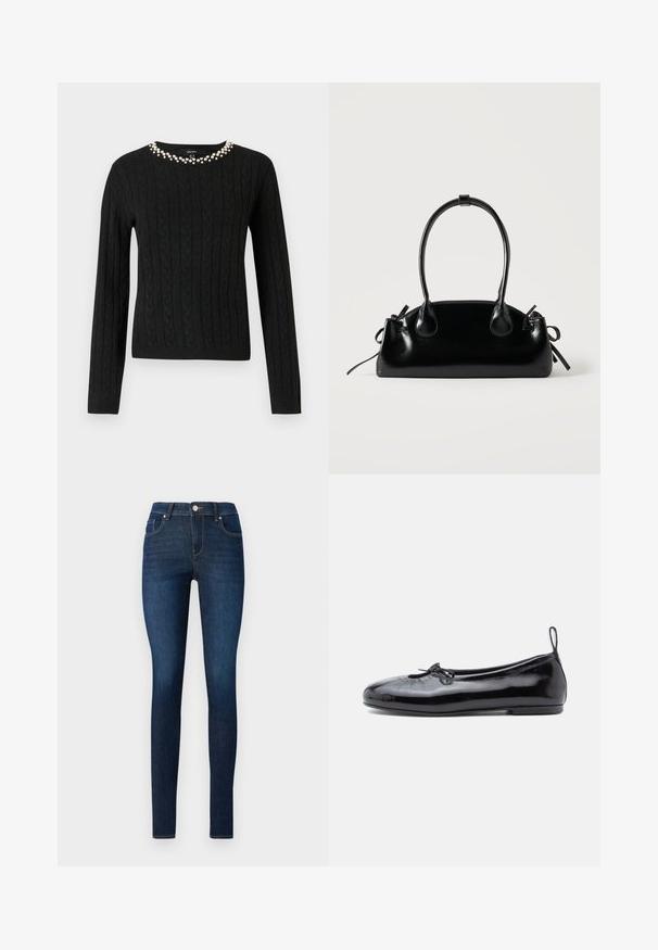Sort kabelstrikket sweater med lange ærmer og rund halsudskæring prydet med en række falske perler langs kraven.; Skinny jeans lavet af mørkeblåt denim, der har et klassisk fem-lomme design, bæltehalser og en metalknap i taljen.; Sorte patenterede læder ballet flats med rund tå, lille sløjfedetalje og glat tekstur; har en lav flad sål og en træksløjfe ved hælen.; Lille sort blank håndtaske med to lange håndtag og snøre-detaljer i siden på en ensfarvet lys baggrund.