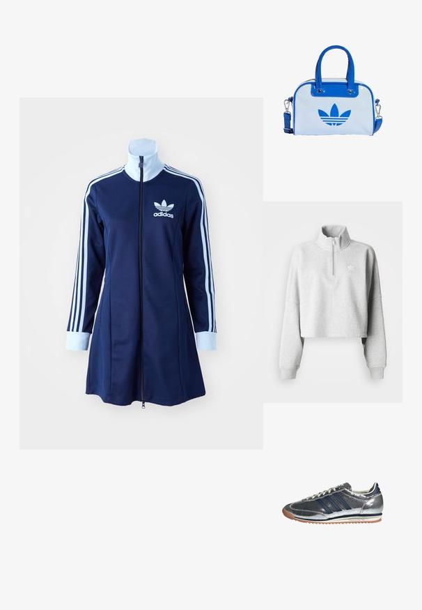 Lichtgrijze cropped sweatshirt met een hoge kraag en een halve rits. Heeft losse mouwen en een klein wit logo op de borst. Gemaakt van een katoenmix.; Marineblauwe adidas zip-up jurk met lange mouwen, lichtblauwe strepen langs de armen en logo op de borst. Glad materiaal met een sportief ontwerp.; Zilveren synthetische sneaker met marineblauwe strepen, ronde neus, witte voering en gumzool. Heeft een gestructureerde bovenkant en vetersluiting.; Blauw-witte handtas met een glanzende afwerking, voorzien van twee blauwe handvaten, een afneembare schouderriem en een opvallend blauw logo aan de voorkant.