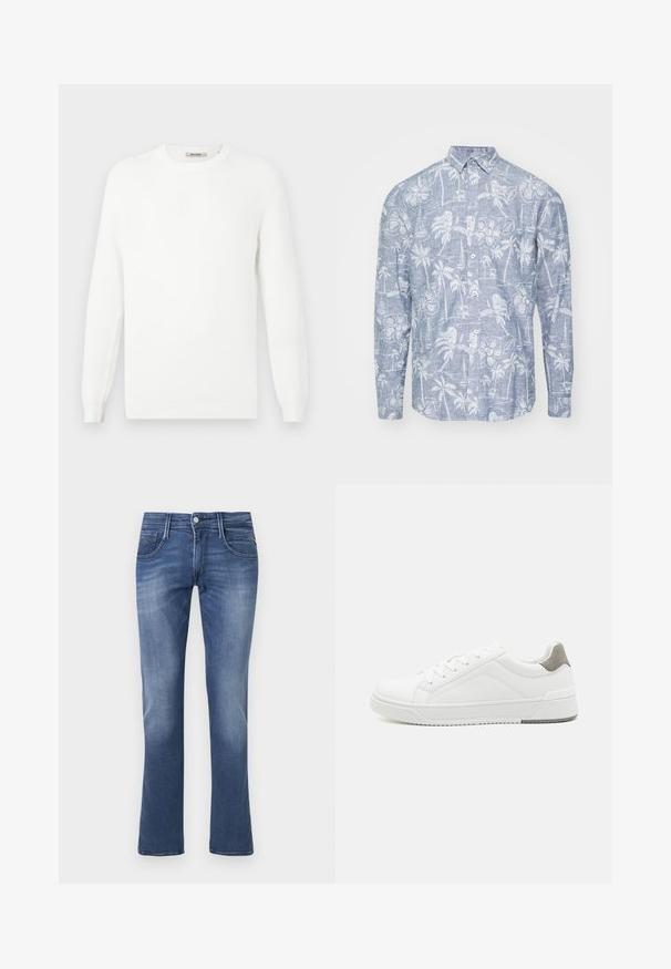 Hvid strikket sweater med rund halsudskæring og ribbede ærmeender. Teksturen har en subtil mønstring med horisontale striber.; Lys blå skjorte med knapper lavet af tekstureret stof, med hvide tropiske mønstre af blomster, palmer og sejlskibe.; Blå denim straight-leg jeans med frontknap, lynlås samt for- og baglommer på en hvid baggrund.; Hvid sneaker lavet af glat læder, rund tå, minimalistisk design, grå hælafsats og tekstureret gummisål.