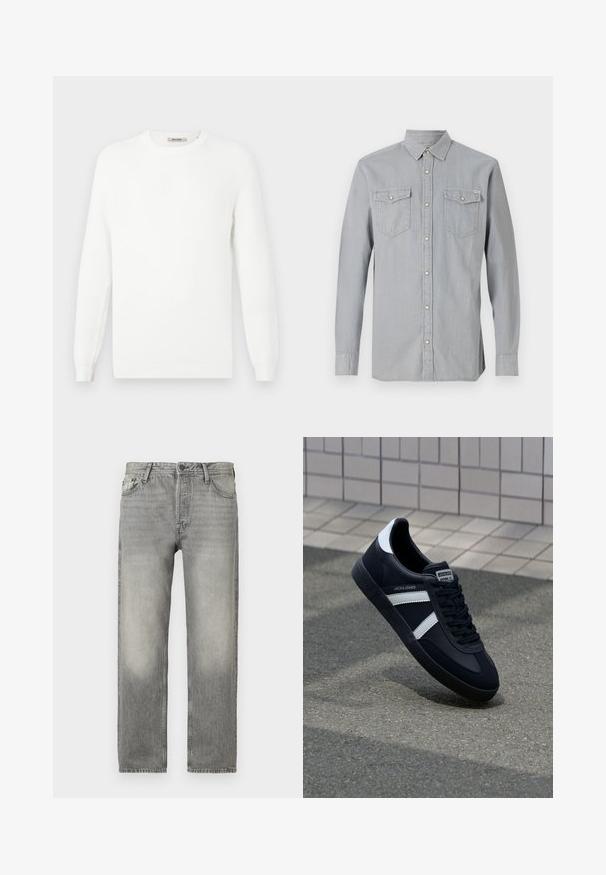 Hvid strikket sweater med rund halsudskæring og ribbede ærmeender. Teksturen har en subtil mønstring med horisontale striber.; Lysegrå langærmet denimskjorte med knappet front, to brystlommer med klapper og knapper samt en spids krave.; Grå denim jeans med en afslappet pasform, der har en lysvasket finish, fem lommers design, knaplukning og lige ben.; Sort lædersneaker med hvide striber, tekstureret gummisål og snørrebånd foran. Har et brandet mærke på tungen.