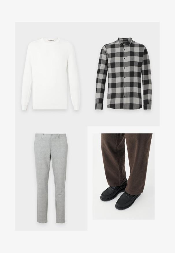 Pull en maille blanche avec un col rond et des poignets côtelés. La texture présente un motif subtilement rayé horizontalement.; Chemise à manches longues à carreaux noirs et gris avec une fermeture à boutons sur le devant. Dotée d'un col et de boutons noirs. Fabriquée en tissu doux et texturé.; Pantalon de costume gris slim-fit en tissu texturé. Équipé d'une taille standard avec fermeture à bouton et poches latérales.; Chaussures en cuir noir avec une finition lisse, bout arrondi et design à lacets, associées à un pantalon marron texturé. Vue en contre-plongée.