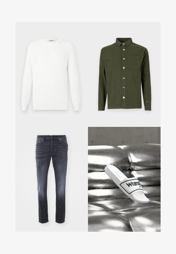 Valge kudum, millel on ümar kaelus ja soonikkoes varrukad. Tekstuur on õrnalt mustritega, millel on horisontaalsed triibud.; Denim Project DPMDPSTITCH DETAIL DENIM SHIRT - Pluus - duffel bag green; Tumedad hallid denimid, klassikalise sirge jala disainiga, esikottide, lukuga ja nööbiga sulgemise ning mõõduka pleekimisega.; Valge liugjalanõu, millel on rihmal "Wrangler" logo, lebamas läikival hõbedasel metallist pimendatud pinnal.