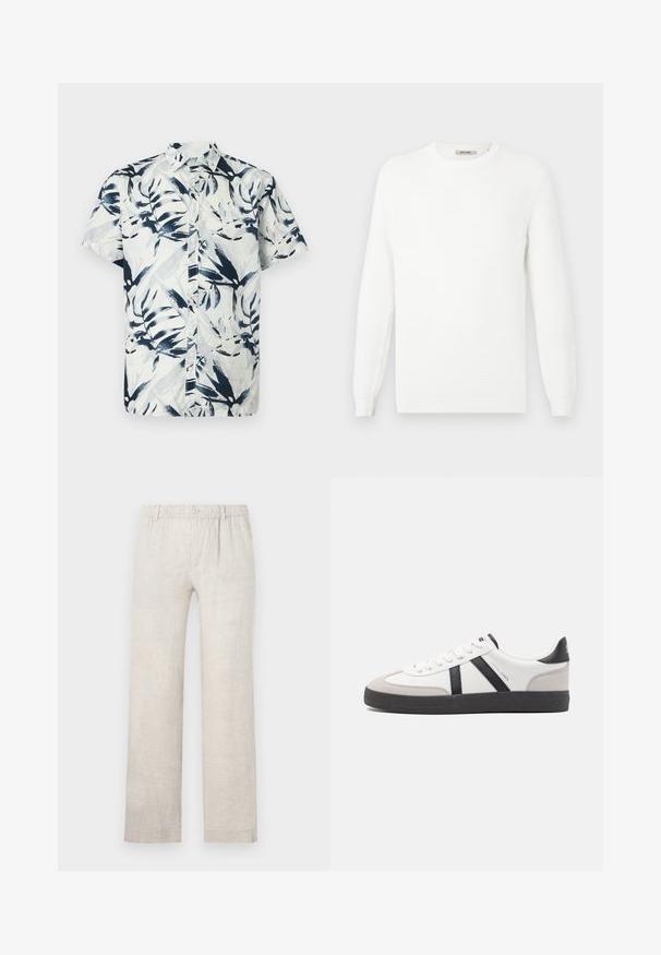 Pull en maille blanche avec un col rond et des poignets côtelés. La texture présente un motif subtilement rayé horizontalement.; Chemise à manches courtes avec un motif de feuilles bleu et blanc, boutons sur le devant et col. Confectionnée en tissu léger et respirant.; Pantalon en lin beige clair avec une coupe droite, une taille élastique et une fermeture à bouton. Texture minimale avec des détails de couture subtils.; Baskets blanches avec des accents noirs et gris, présentant un embout texturé gris, une semelle en caoutchouc noir et des lacets plats blancs. Design épuré, style minimaliste.